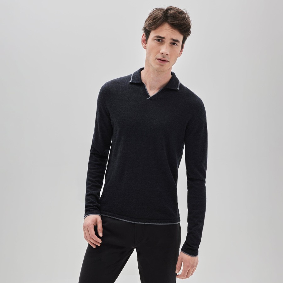 Tops Robert Barakett Long Sleeve Polos | Hollow Wood Open Collar Long-Sleeve Polo